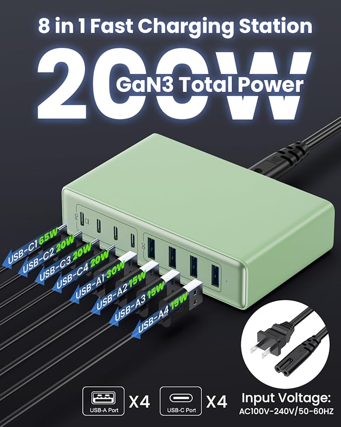 200W USB C Charger Block,8-Ports GaN III Fast Charging Station Hub,QC4.0+PD 65W Laptop Charger Wall Chargers Power Adapter for MacBook Pro/Air,DELL,Steam Desk,iPhone 16/15,iPad,Galaxy S25,Pixel-Green