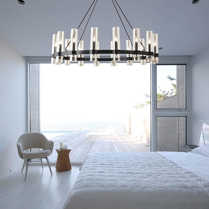 48 Inch Black Wagon Wheel Chandelier, 16 Lights, with Brown Glass Shade, Large Hanging High Ceilings Chandeliers for Dining Room Kitchen Foyer Entryway Living Room