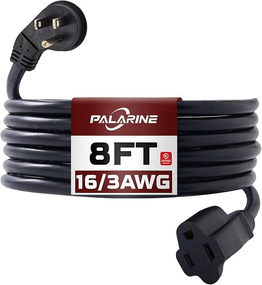 Indoor Flat Plug Black Extension Cord 8ft, UL Listed, 16/3 SJTW 3 Prong Heavy Duty, 16 Gauge 13A Power Cord for Lights, Appliance, Home, Office