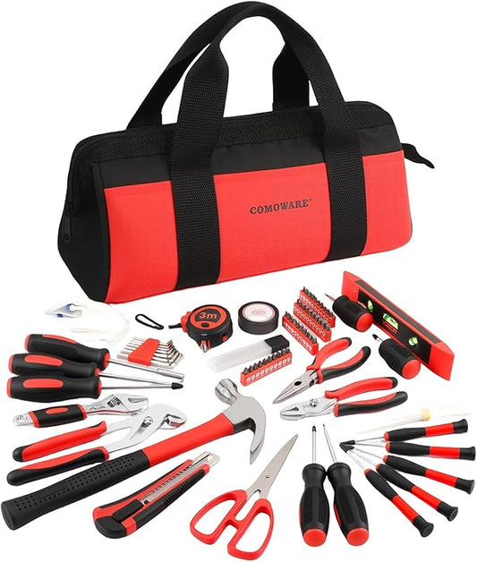 COMOWARE 218 Pcs Home Tool Kit - Basic Household Hand Tool Set, Truck Tool Kit Socket Wrench Combination Tool Set for Home with Plastic Toolbox Storage Case, Rv tool set，Red