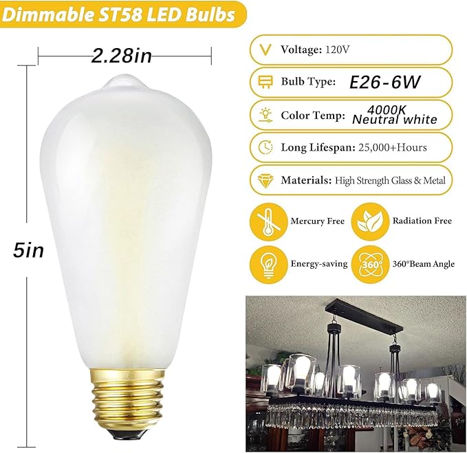 Dimmable E26 Frosted LED Edison Bulbs, 4000K Neutral White，6W Equivalent 60W,600LM,AC120V,ST58 Frosted Light Bulbs with 90+ CRI,Edison Style,Pack of 6 (6W=60W, 4000K)