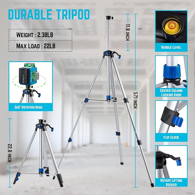 KEZERS Laser Level with Tripod,3 x 360 Self Leveling Laser Leveler tool for Picture Hanging,Construction,Remote Controller,Rechargeable Battery,Carry Pouch Included