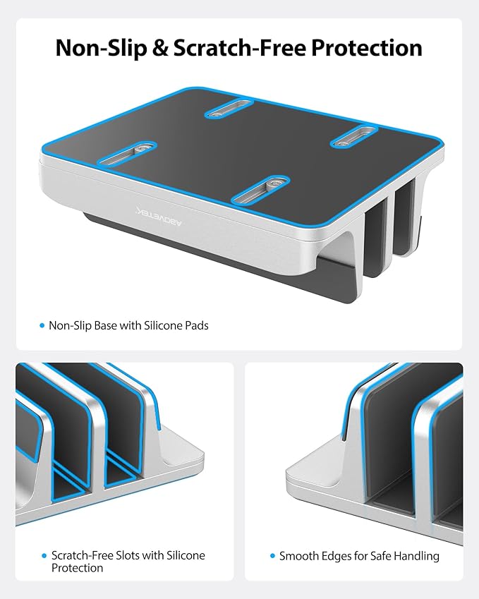 AboveTEK Vertical Laptop Stand, 3 Slots Aluminum Desk Laptop Holder & Laptop Docking Station Stand for MacBook, Tablet, Phone - Universal Fit (Up to 17.3") - Heavy Duty Polished, Anti Slide - Silver