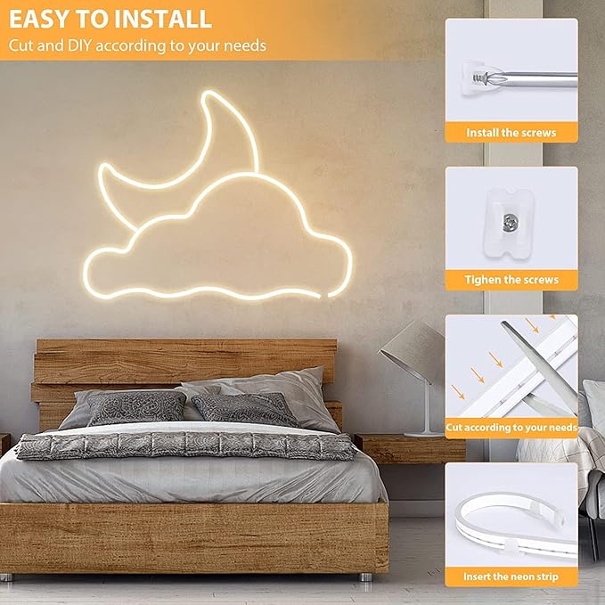 Lamomo LED Neon Rope Lights, 16.4ft/5m Warm White Light Strip 0.39in/Cut, 12V Flexible Waterproof Silicone Neon Sign for Kitchen Bedroom Indoor Outdoor Decoration（Power Adapter not Included）