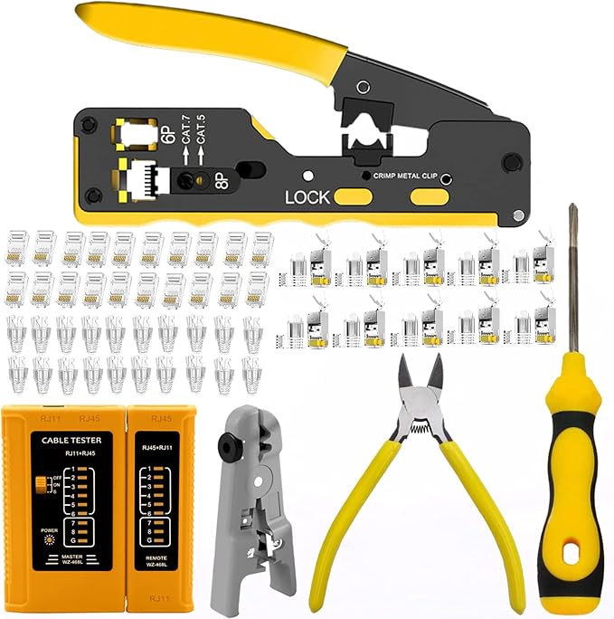 rj45 Crimp Tool Kit, Pass Through Cat7 Cat6A Cat6 Cat5e Cat5 rj45 Crimping Tool with 10PCS Cat7 Shielded Connectors 10PCS Covers 20PCS Cat6 Pass Through Connectors 20PCS Covers Network Tester