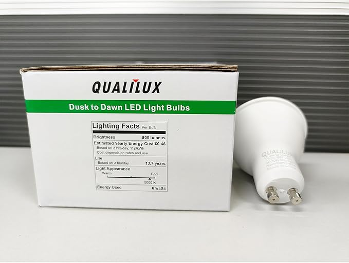 MR16 GU10 Dusk to Dawn Light Bulbs, Daylight 5000K, 50W Equivalent, 500LM, Auto On/Off Light Sensor Bulb, Non-dimmable, LED 6W 4 Pack, HQ-H045