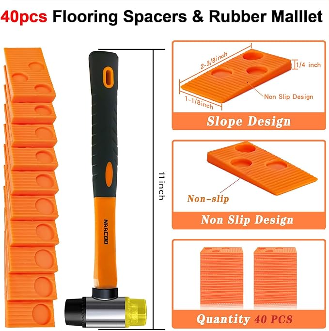 Laminate/Vinyl Flooring Tools, NAACOO Heavy Tapping Block for Vinyl Plank Floor, Heavy Pull Bar, 10”Contour Gauge, 40pc Flooring Spacers, Rubber Mallet - 5 in 1 Floor Installation Kit