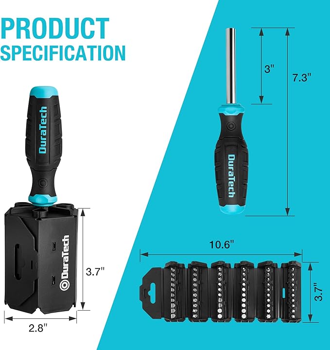 DURATECH Screwdriver, Multi-Function Screw Driver Set with 60 Replaceable Cr-V Bits(Flat, Phillips, Torx, Hex, Square), All in One Screwdrivers with Rolling Barrel Bits Holder