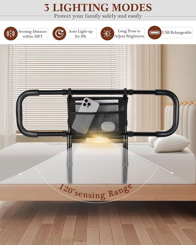 Bed Rails for Elderly Adults Safety, Extended Bed Assist Rail for Seniors with Motion Sensor Light - Adjustable Side Bed Guard Rails Handle Support Bar with Storage Bag, Fit King Queen Full Twin