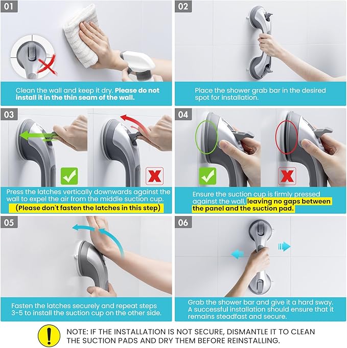 TAILI Shower Handles for Elderly Suction, 2 Pack 12 Inch Shower Grab Bars for Seniors, Grab Bars for Bathtubs and Showers, No Drilling Removable Safety Shower Grip, Silver