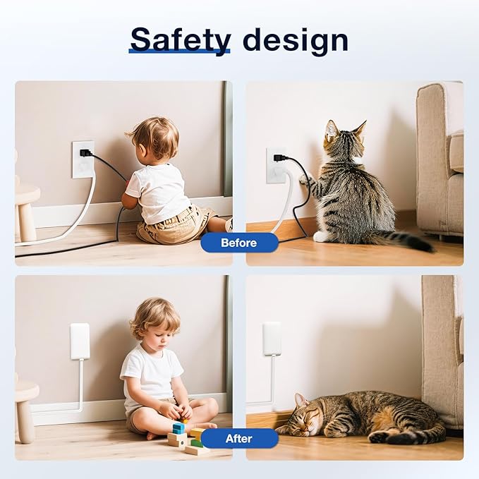 Flat Plug Power Strip Detachable, 3-Outlet 6ft Ultra Thin White Wall Extension Cord 13A 125V 1625W, Space-Saving,Suitable for Kitchen,TV, Living Room,Bedroom, Narrow Space, ETL Listed