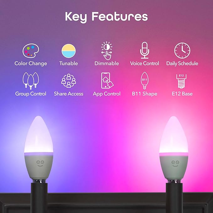 Prisma Plus E12 B11 Candle Wi-Fi Smart Bulb - 40W Color and Tunable White Smart (4-Pack)