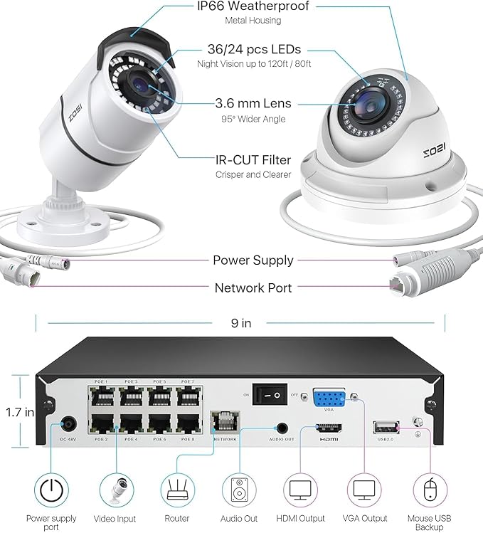 ZOSI 16CH 4K PoE Home Security Camera System,H.265+ 8MP 16 Channel CCTV NVR with 4TB HDD for 24-7 Recording,8pcs Wired 5MP PoE IP Cameras Outdoor Indoor,Night Vision,Motion Alert,Remote Access