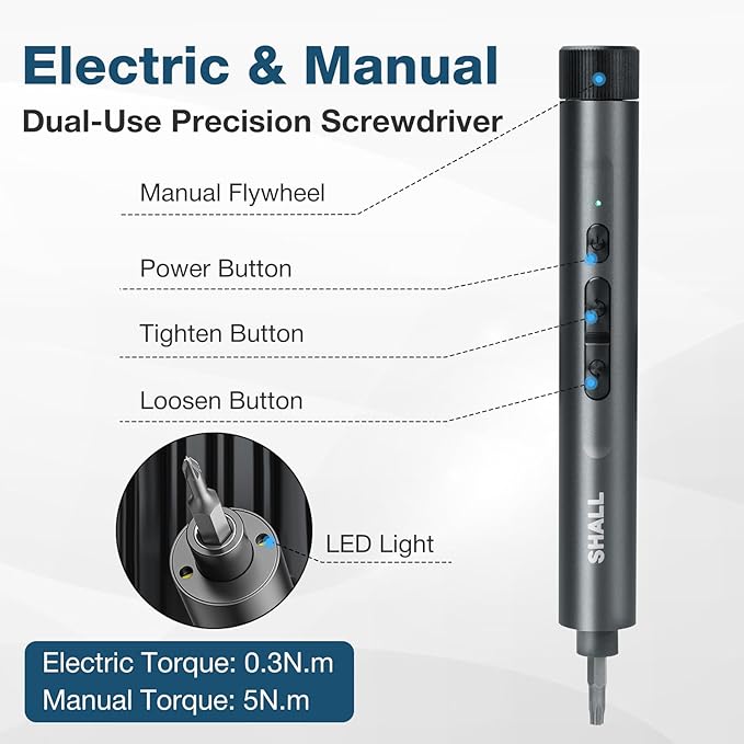 SHALL 127Pcs Mini Electric Screwdriver Set, 120pcs Tough S2 Steel Bits with Pen Style Electric & Manual Screwdriver, Ideal for Laptop, iPhone, Watch, Jewelry, Eyeglasses and Electronic