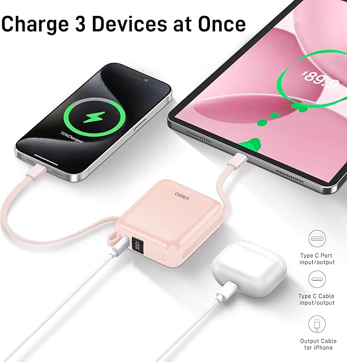 VINKO 10000mAh Power Bank Built-in Cables, Fast Charging with LED Display, Small Travel Battery Pack with Cords, Airplane Travel Essentials,Portable Phone Charger for Cell Phone Smart Devcies(Pink)