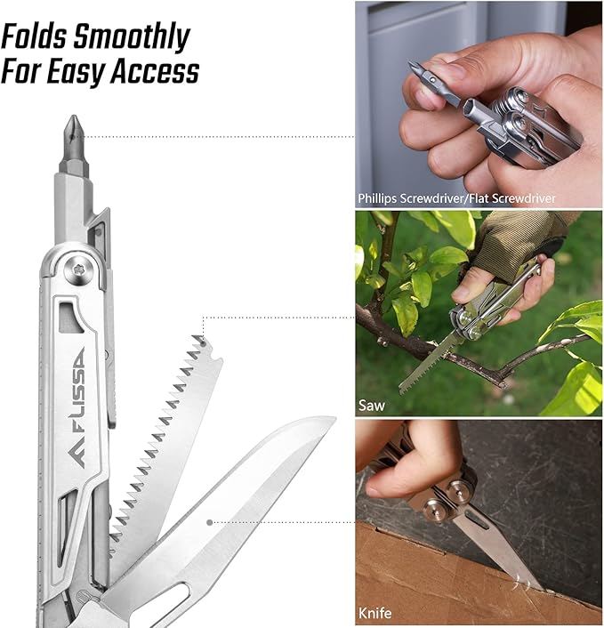FLISSA Multitool, 16-in-1 Multitools with Sheath, Stainless Steel EDC Multitool, Pocket Knife, Bottle Opener, Screwdriver, Pocket Multi-Tool for Camping, Handwork, Hunting, Hiking, Fishing