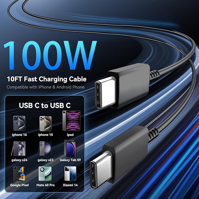 Phone 16 Pro Max Charger Fast Charging, 45W Super Fast USB C Charger Block with 10FT Long Charging Cord Cable for 16 Pro Max/16/16 Plus,15 Pro Max/15 Pro/15, Android Phone-Black