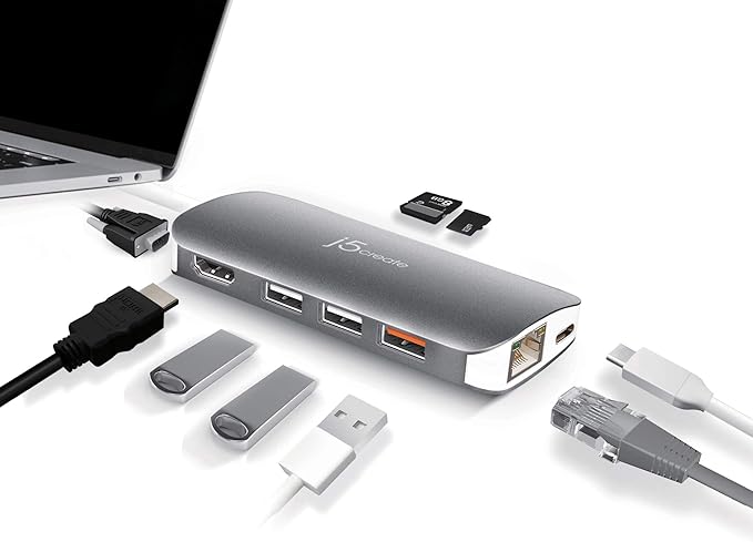 j5create USB C Hub Adapter Multi-Monitor 10-in-1 Port Docking Station 4K HDMI, VGA, Ethernet, USB 3.0, MicroSD, SD, USB-C 3.1 + Power Delivery | for PC, Laptop, Tablet, Display Connection