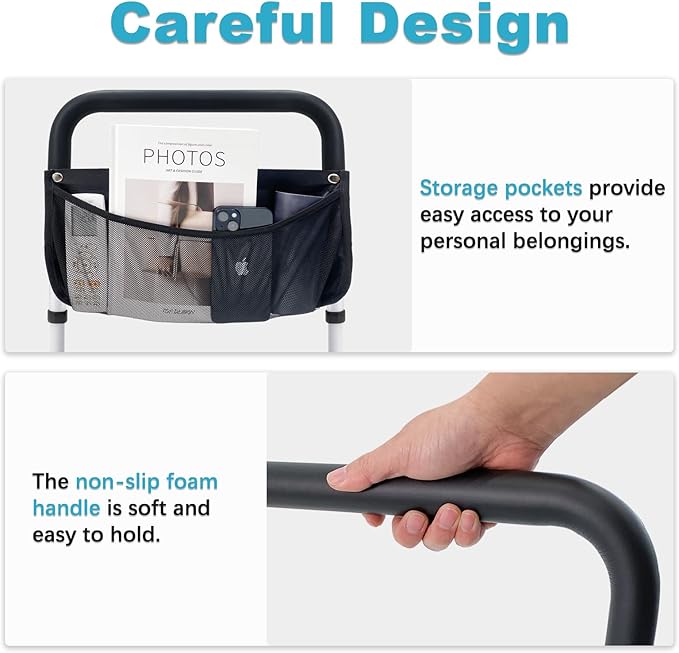 Bed Rails for Elderly Adults Safety with Adjustable Heights Storage Pocket Assist Support Side Railings Seniors Slides Under Mattressbed Cane Guard Bed Handles Bars (White)