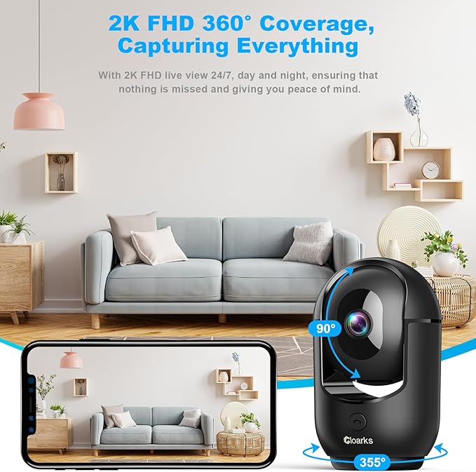 2K Pan/Tilt Security Camera, WiFi Indoor Cameras for Home Security with AI Motion Detection, Baby/Pet Camera with Phone App, 2-Way Audio, 24/7, Siren, TF/Cloud Storage, Black