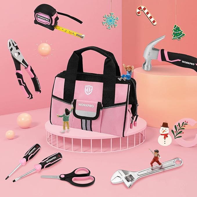 WORKPRO 9-Piece Kids Real Hand Tool Set, Pink Junior Tool Kit with Storage Bag for Boys, Girls, Children DIY Building and Woodworking, Age 8+