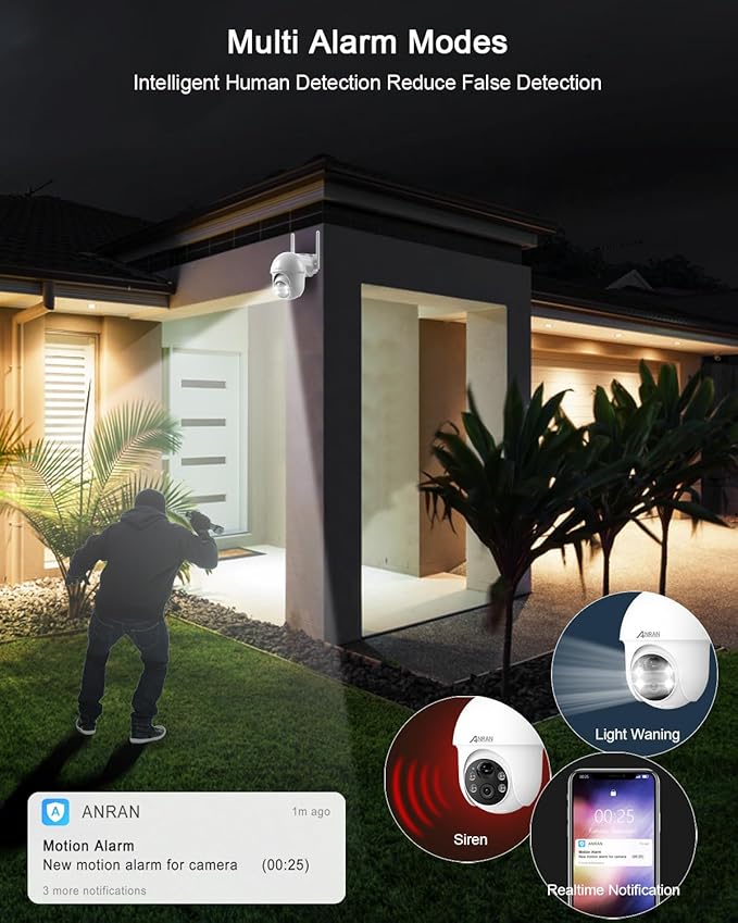 ANRAN Security Camera Wireless Outdoor, 2K Solar Outdoor Camera with 360° View, Smart Siren, Spotlights, Color Night Vision, PIR Human Detection, Pan Tilt Control, 2-Way Talk, IP65, Q1 White