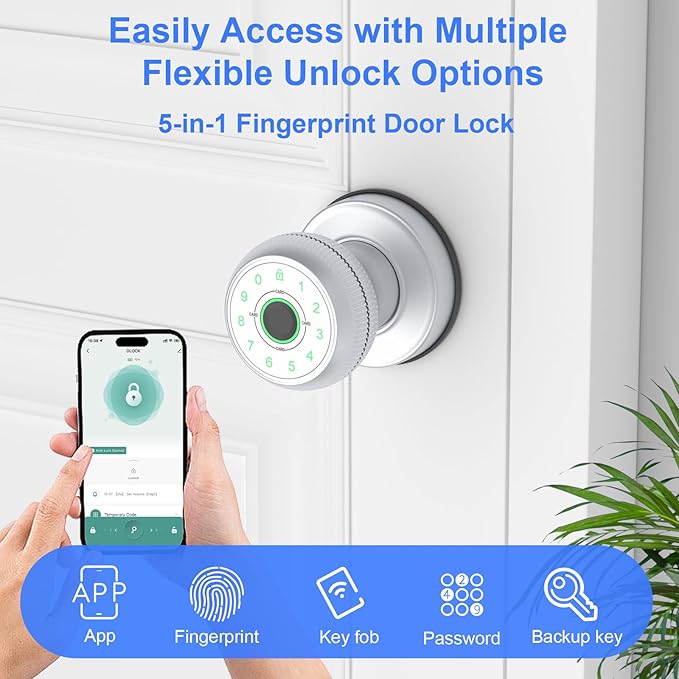 5-in-1 Smart Door Knob, Fingerprint Door Knob with App Control, Smart Fingerprint Door Lock,Auto Lock, Ideal for Home, Bedroom, Office, Chrome