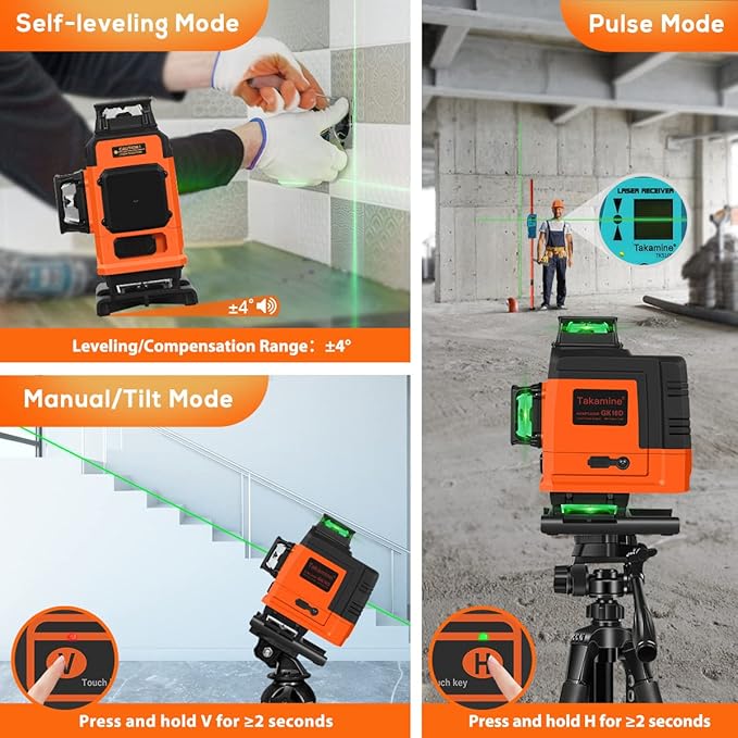 Takamine 16 Lines Laser Level Self Leveling 4x360° 4D Green Cross Line for Construction/Picture Hanging, Remote Controller, Rechargeable Li-ion battery, Magnetic Stand and portable bag