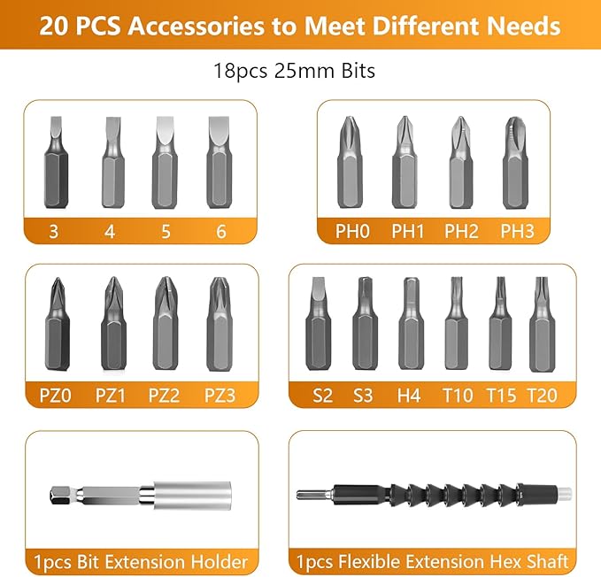 Electric Cordless Screwdriver, 3.6V Rechargeable Screwdriver, 5N.m Max Torque, 4-Gear Torque, LED Light, 20 Pcs, Ideal for Daily & Light Industrial Use