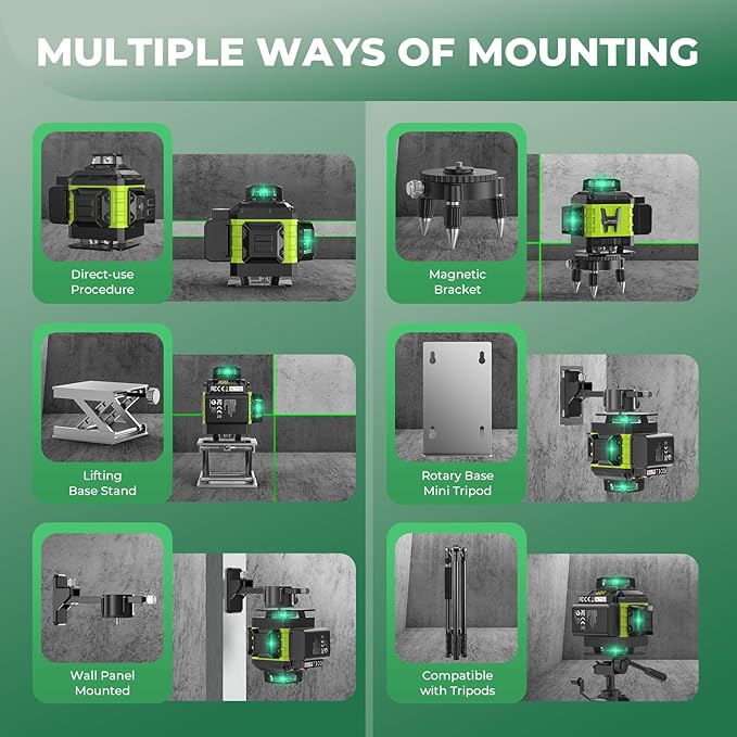 16 Line Laser Level 360 Self Leveling, 4x360°Professional 4D Green Cross Line laser Level with 2 Batteries, Adjustable Brightness & Remote Control, for Tiling Floor Construction and Picture Hanging