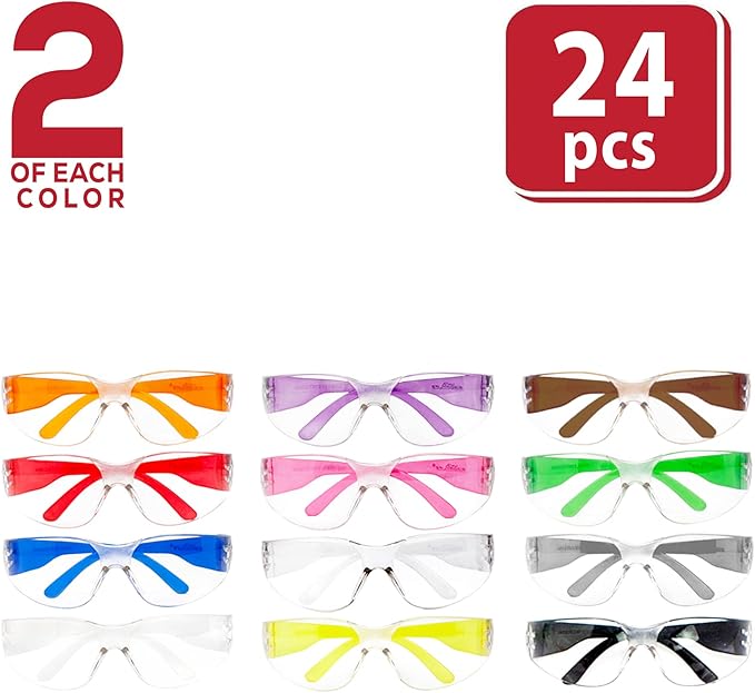 BISON LIFE Clear Lens Color Temple Safety Glasses | One Size, Adult, Youth, Clear Protective Polycarbonate Lens Color Temple, Variety, 24 PAIRS