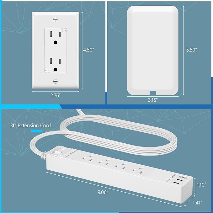 LIDER Surge Protected Outlet Extender, 4-Outlet Power Strip, 21W USB Type-A, and 2 USB Type-C Port, Ultra-Thin Wall Plate Plug with Cord Extender, Flat-Face, 5ft Cord, 1500 Joules, ETL-Listed, White