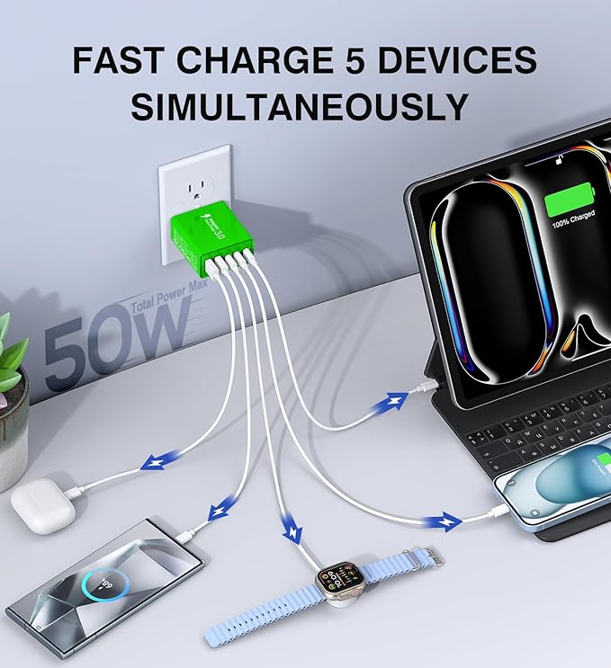2 Pack 50W USB C Fast Charger Block,5-Port Type C Wall Charger Brick,2 USB A & 3 USB C PD3.0 Power Adapter Multiport Charging Plug Box for iPhone 12/13/14/15/16,Pad Mini/Pro, Cellphones(Green)