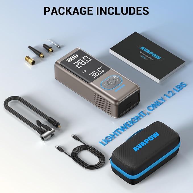 AVAPOW AP18 Tire Inflator Portable Air Compressor, 300% Faster 150 PSI Cordless Air Pump with Tire Pressure Gauge, 3.7″ Dual LCD Screen, Auto-Shuts Off Tire Pump for Car, Motorcycle, Bicycle, Gold