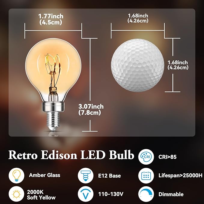 E12 Candelabra Bulb 15 Watt Equivalent, Globe Small Light Bulb Dimmable LED Chandelier Bulbs, Super-Thin Filament Amber Bulbs 2W Equal 15W Vintage Candle 2000K Soft Yellow, 2 Pack