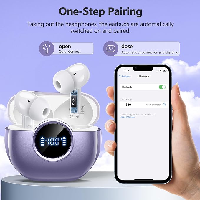 Wireless Earbuds 2025 NEW Bluetooth 5.4 Headphones Bass 3D Stereo, In-Ear Earphones with 4 ENC Noise Cancelling Mic, 48H Playtime with LED Display, IPX7 Waterproof for Laptop Android iOS, Light Purple