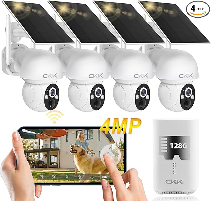 4MP PTZ Solar Security Camera Outdoor, 4pcs Wireless Security Camera System with 128GB Card, Pan/Tilt/Zoom, PIR Detection, 2-Way Audio, Audible Flashlight Alarm, IP66 Waterproof, Two Ways of Storage