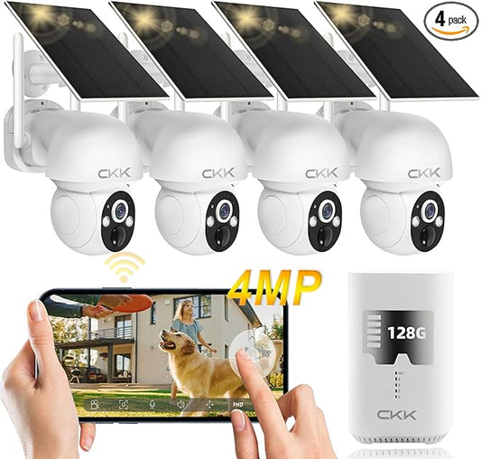 4MP PTZ Solar Security Camera Outdoor, 4pcs Wireless Security Camera System with 128GB Card, Pan/Tilt/Zoom, PIR Detection, 2-Way Audio, Audible Flashlight Alarm, IP66 Waterproof, Two Ways of Storage