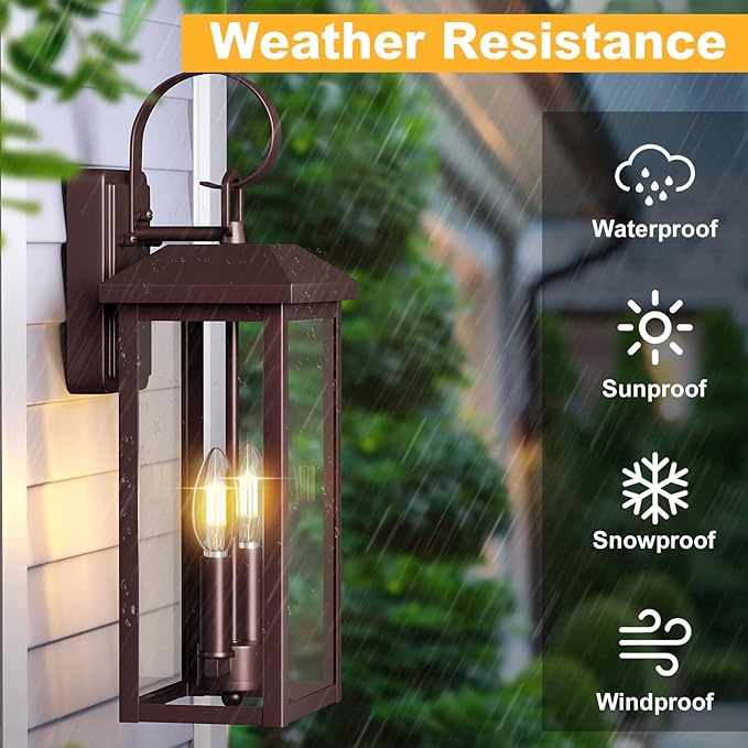 Bronze Large Porch Lights Outdoor, 18" Exterior Wall Fixture with Clear Glass, 2-Light E12 Socket Base, Aluminum Outside Waterproof Wall Light Sconce for House, Porch, Patio, Garage