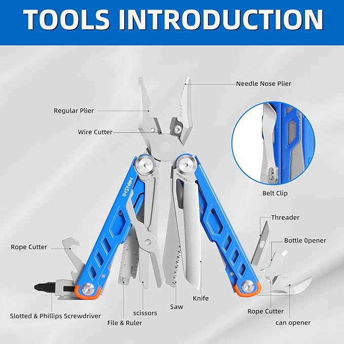 HANSHI 15 in 1 Multitool Pliers with Scissors, Upgraded Heavy Duty Stainless Steel Multi Tool with YG10 Tungsten Steel Replaceable Wire Cutters for Survival, Camping, Hiking,Repair and Gift (Blue)