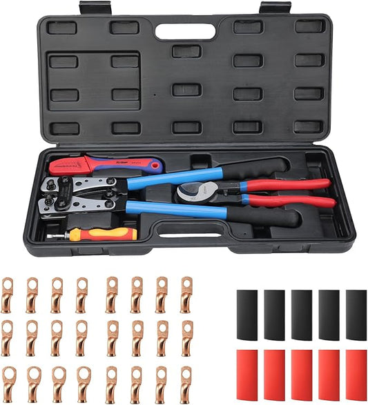 iCrimp Battery Cable Lug Crimping Tool Kit For Copper Lugs Awg 8-1/0,Battery Cable Crimper with Stripper 24pcs Copper Battery Lugs and 10pcs Heat Shrink Tubes, Include Wire Cutter