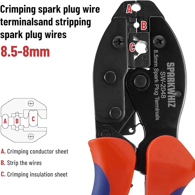 Ratchet Spark Plug Wire Crimping Tool Kit, 180 Degree/90 Degree/Straight Spark Plug Coil Terminals & 24PCS Boots, Ratcheting Wire Crimper Diameter 8.5-8mm (With Spark Plug Wires)