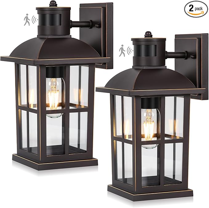 13in Motion Sensor Porch Lights, Anti-Rust 100% Aluminum Dusk to Dawn Outdoor Light Fixtures, Exterior Wall Lanterns Sconce Lighting Brown, Outside Lights for House Wall Mount for Entryway Garage