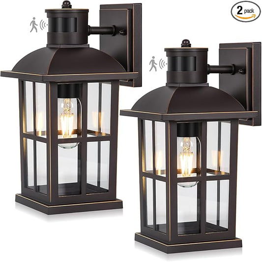 13in Motion Sensor Porch Lights, Anti-Rust 100% Aluminum Dusk to Dawn Outdoor Light Fixtures, Exterior Wall Lanterns Sconce Lighting Brown, Outside Lights for House Wall Mount for Entryway Garage