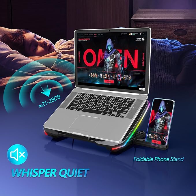 Laptop Cooling Pad, Gaming Laptop Cooler with 9 Quiet Fans, Laptop Cooling Stand for 12-17 Inch, Laptop Computer Fan with 5 Height Adjustable,2 USB Ports,1 Phone Stand
