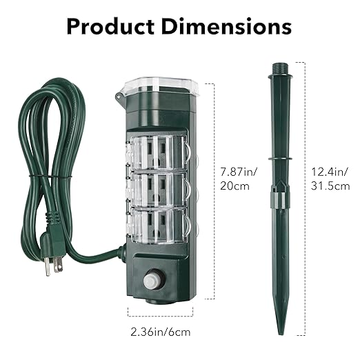 HBN Outdoor Power Strip Timer with Photocell, Countdown Yard Stake(2, 4, 6, 8 Hour),Outside Lights Timer Dusk to Dawn,Weatherproof Extension Cord for Halloween/Christmas Decoration Lights, 6 Outlets