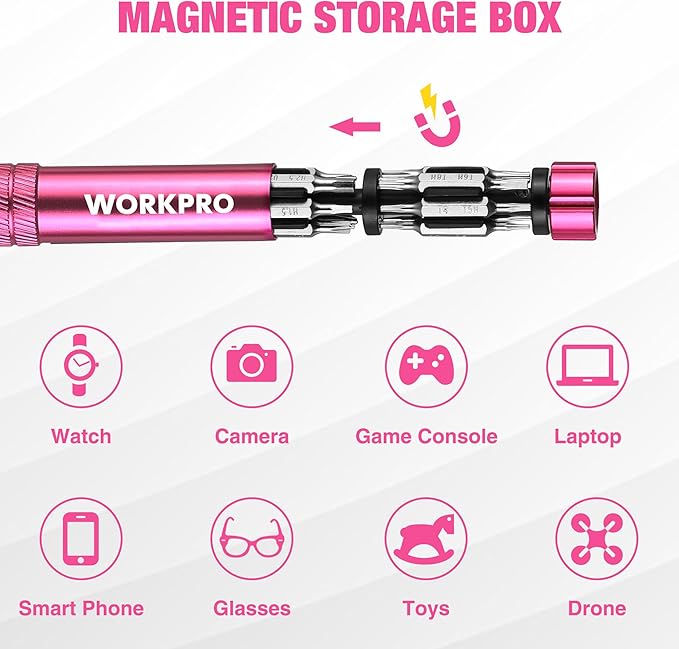 WORKPRO 24 in 1 Multi Bit Mini Screwdriver Set Magnetic, Manual Pen Screwdrivers, Tough S2 Steel Small Screwdriver Bits for Eyeglass, Watch, Laptop, Phone, Jewelry and Electronic, Pink