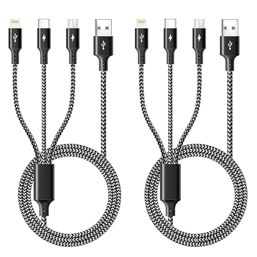 3 in 1 Multiple Charging Cable(2Pack 4Ft), Braided Multi Charger Cord USB C Charging Cable Universal USB Cable with Type C/Micro USB Port for Cell Phones, iPhone 17 16 15 14 13 Series, Tablets, More