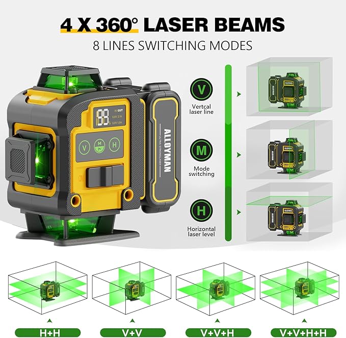 Laser Level with Tripod, Alloyman 4x360° Self Leveling Laser Level, Green Line Laser 4D Laser Leveler Tool with 2Pcs Lithium Batteries for Picture Hanging, Tile, Home Renovation, Indoor