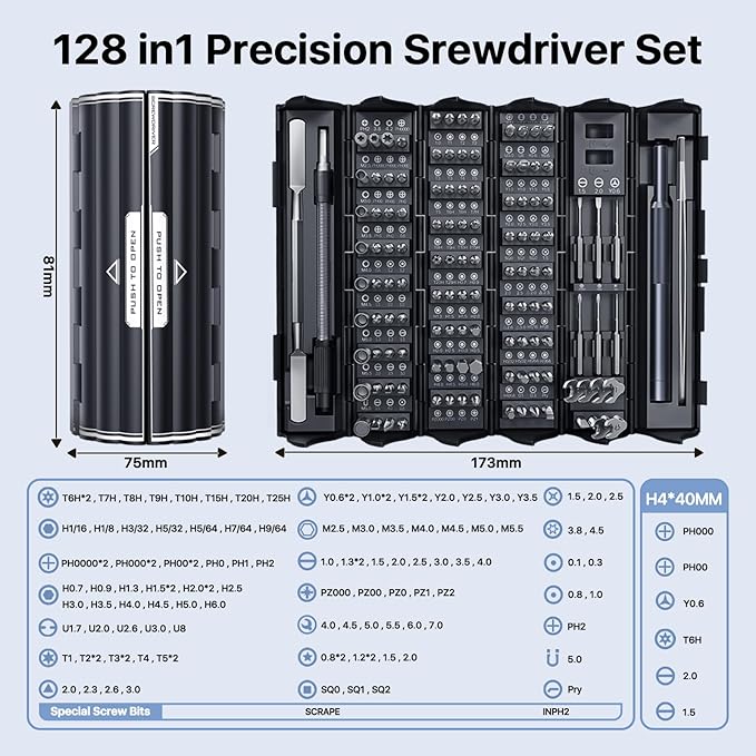128-in-1 Precision Screwdriver Set, [Super Durable] Tiny Torx Screwdriver Fits All Ring Doorbell, Small Magnetic Mini Repair Tool Kit for Watch, Laptop, Eyeglass, Camera, Men Gift Screw Driver